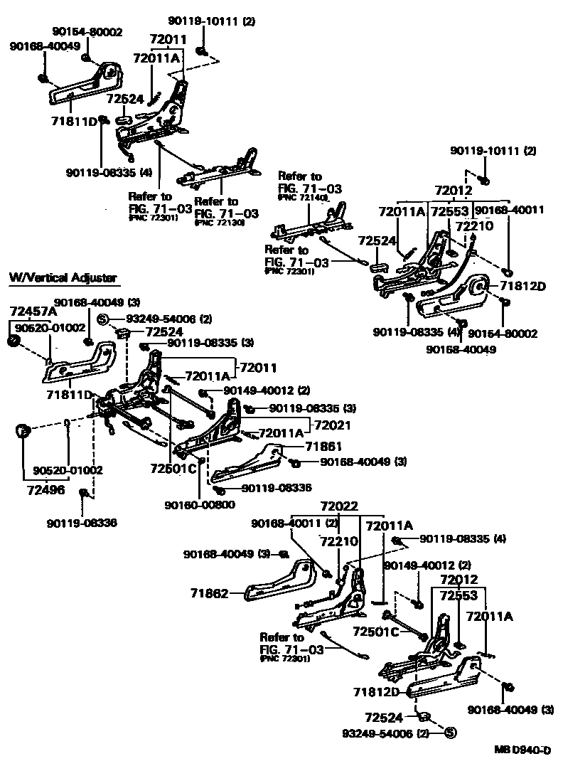Toyota COROLLA 前排座椅和座椅滑轨 EPC diagram — MBD940D