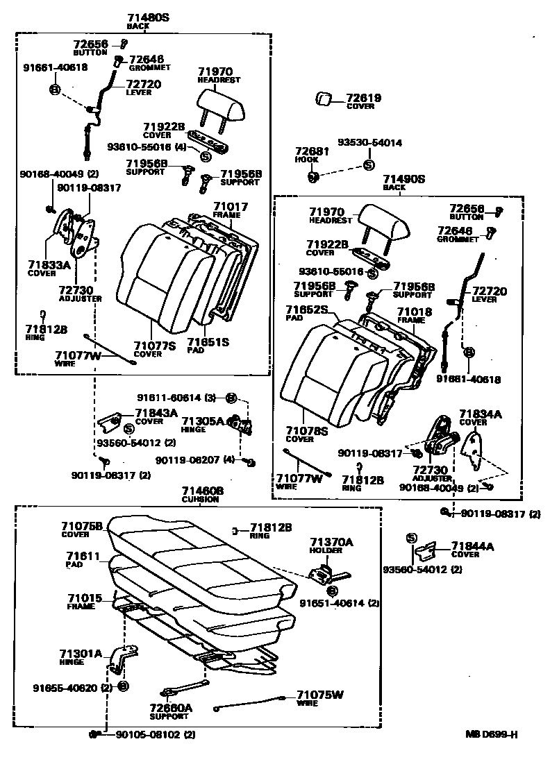 Toyota COROLLA 后排座椅和座椅滑轨 EPC diagram — MBD699H