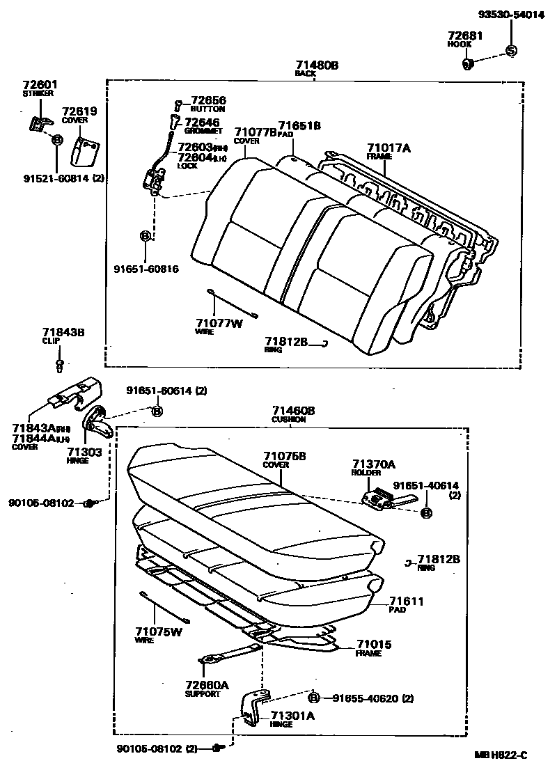 Toyota COROLLA 后排座椅和座椅滑轨 EPC diagram — MBH822C