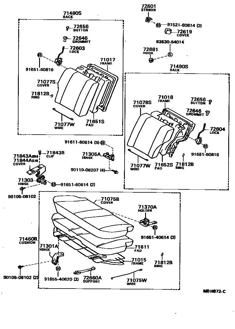 Toyota COROLLA 后排座椅和座椅滑轨 EPC diagram — MBH872C