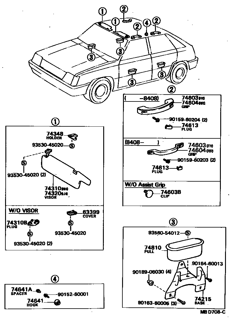Toyota COROLLA 扶手和遮阳板 EPC diagram — MBD708C
