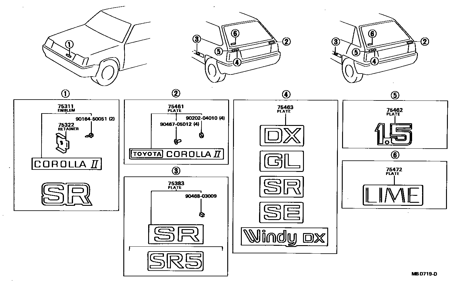 Toyota COROLLA 丰田徽标和铭牌(车外和车内) EPC diagram — MBD719D