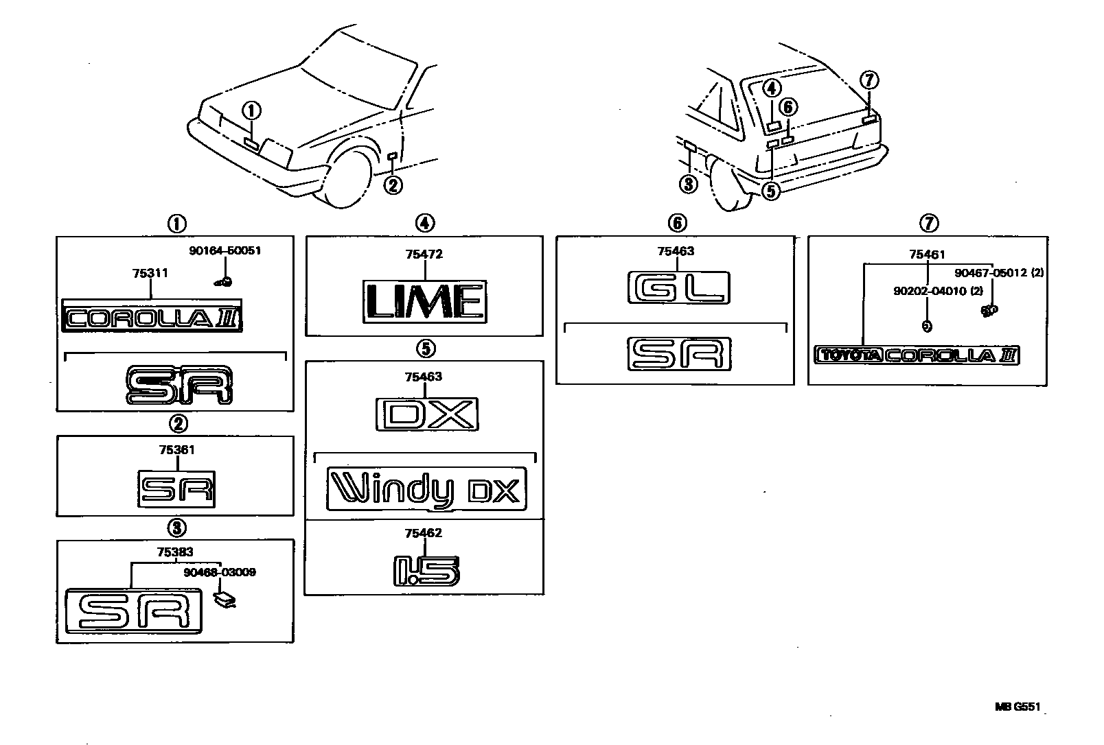 Toyota COROLLA 丰田徽标和铭牌(车外和车内) EPC diagram — MBG551