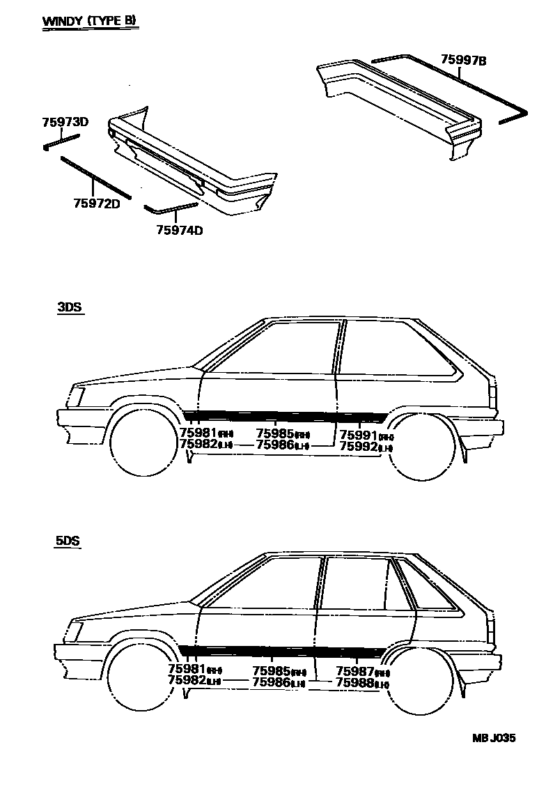 Toyota COROLLA 车身镶条 EPC diagram — MBJ035