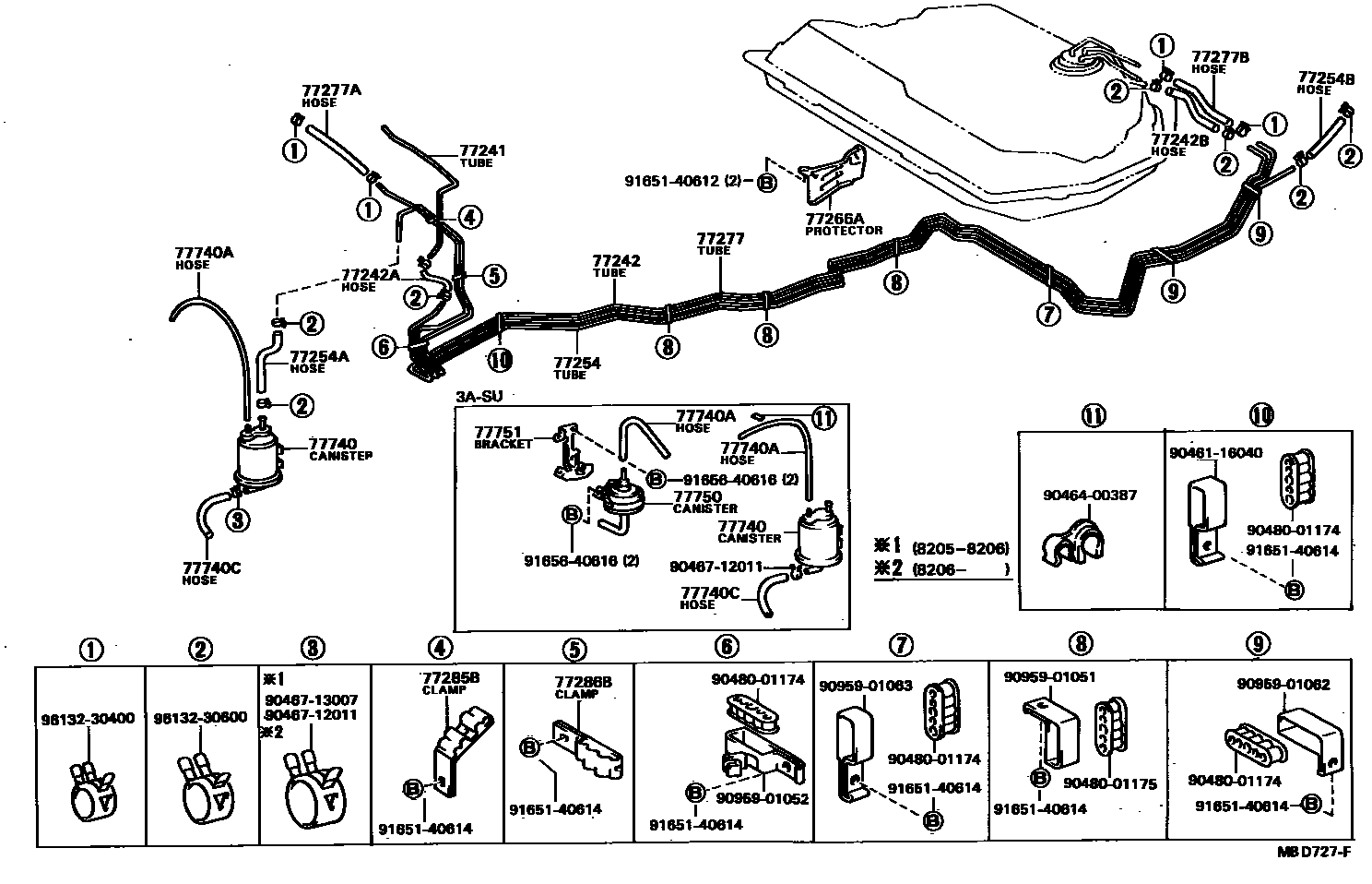 Toyota COROLLA 燃油箱和燃油管 EPC diagram — MBD727F