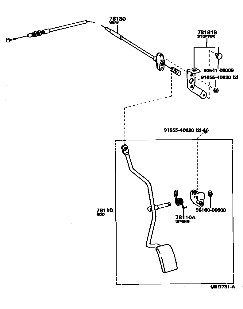 Toyota COROLLA accelerator pedal connecting rod EPC diagram — MBD731A