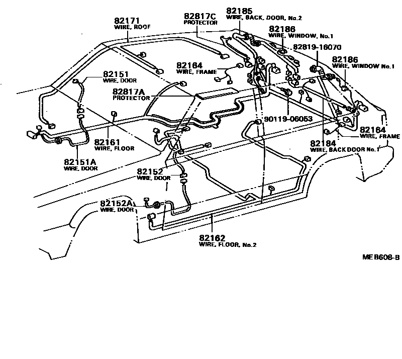 Toyota COROLLA 线束和卡夹 EPC diagram — MEB608B