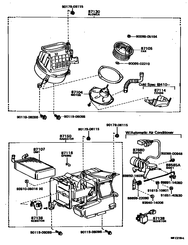 Toyota COROLLA 暖风和空调系统 - 加热装置和鼓风机 EPC diagram — MEC218E