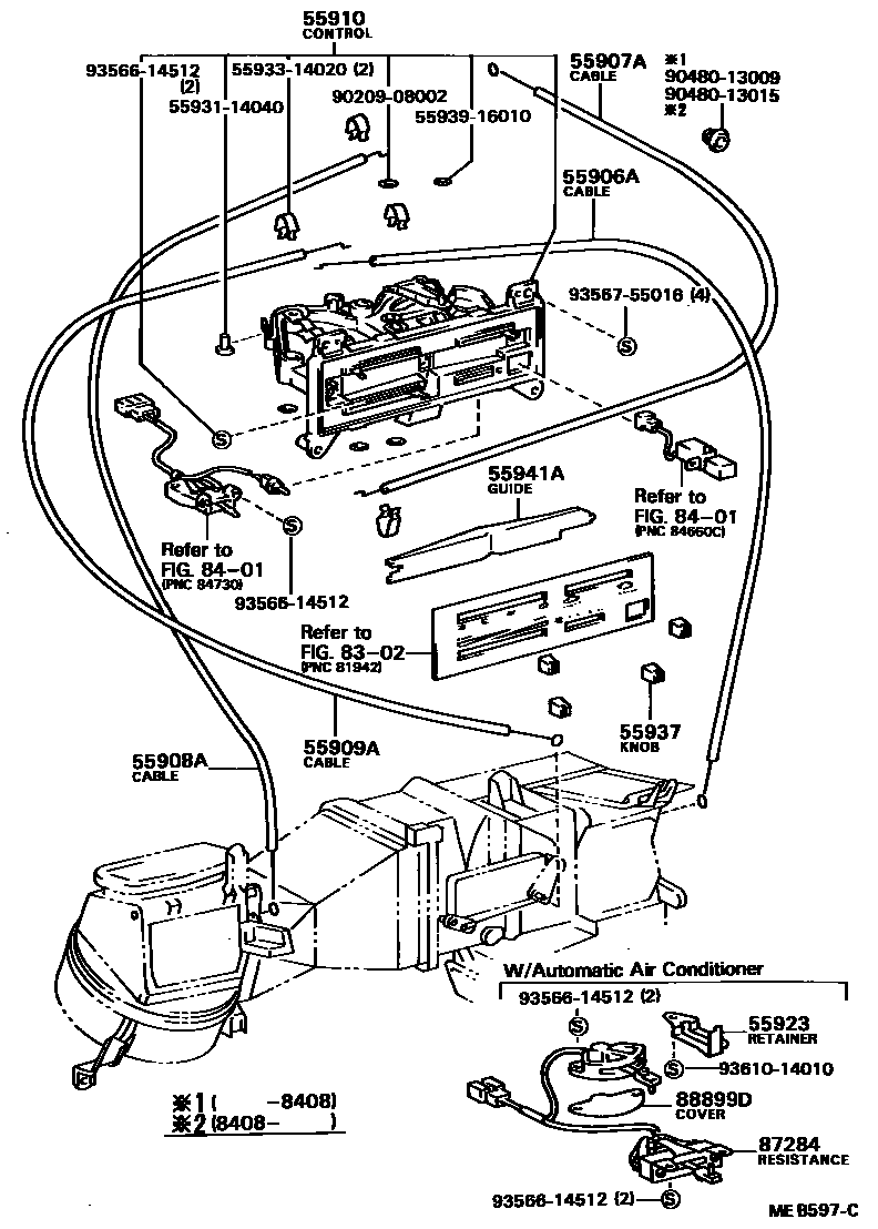 Toyota COROLLA 暖风和空调系统 - 控制器和风管 EPC diagram — MEB597C