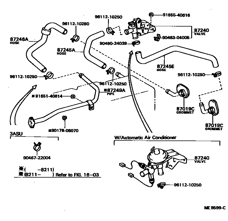 Toyota COROLLA 暖风和空调系统 - 水管 EPC diagram — MEB599C