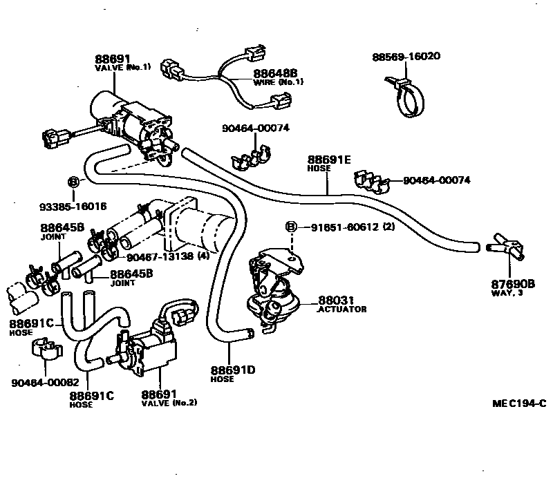 Toyota COROLLA 暖风和空调系统 - 真空管 EPC diagram — MEC194C