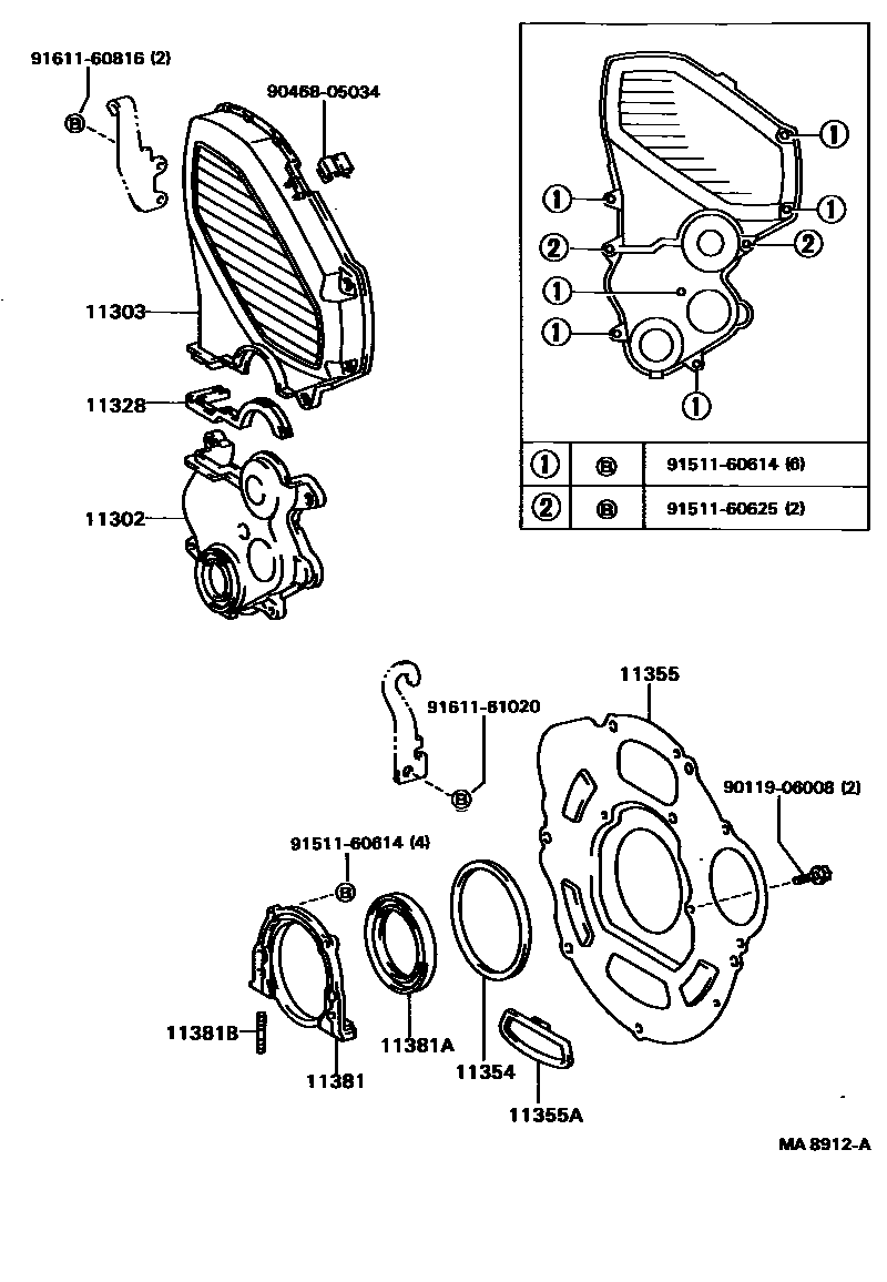 Toyota COROLLA Timing Gear Cover & Rear End Plate EPC diagram — MA8912A