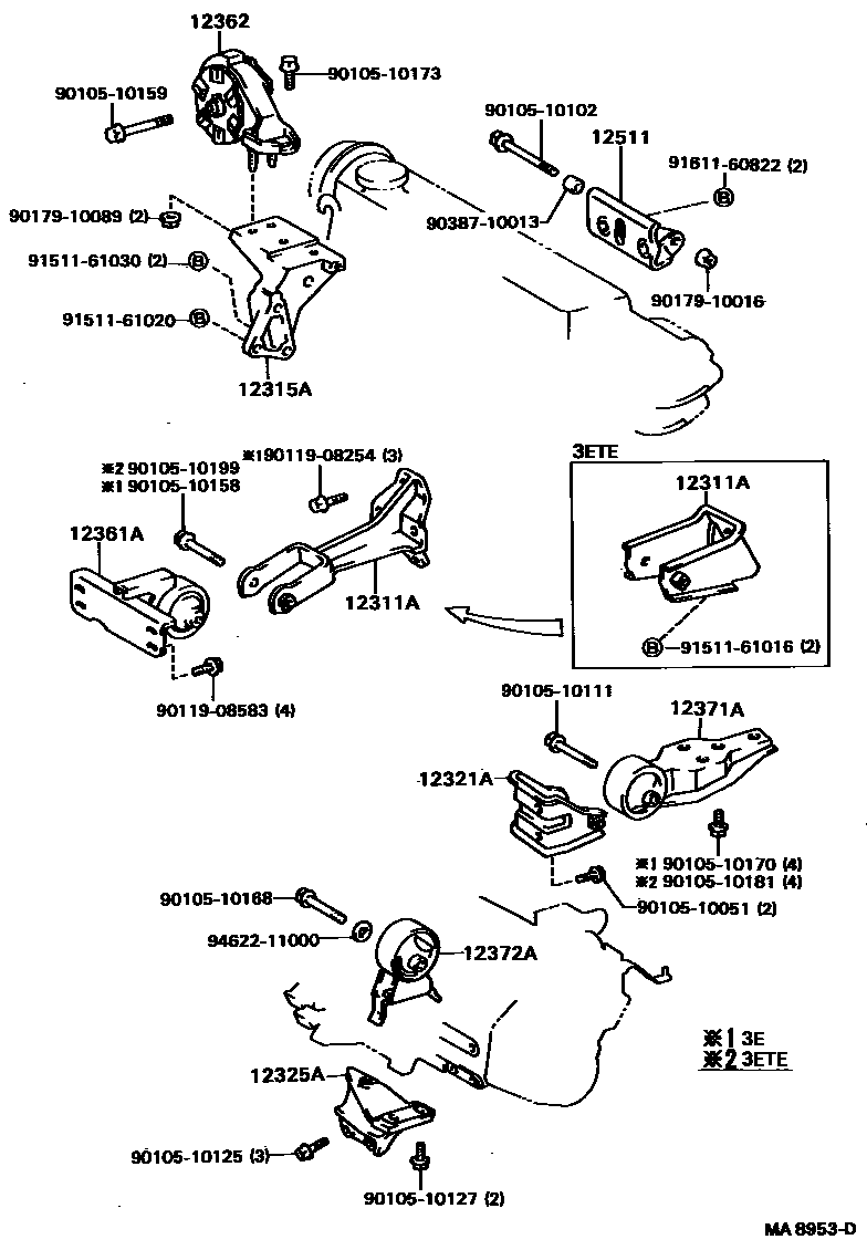 Toyota COROLLA Engine Mounting EPC diagram — MA8953D