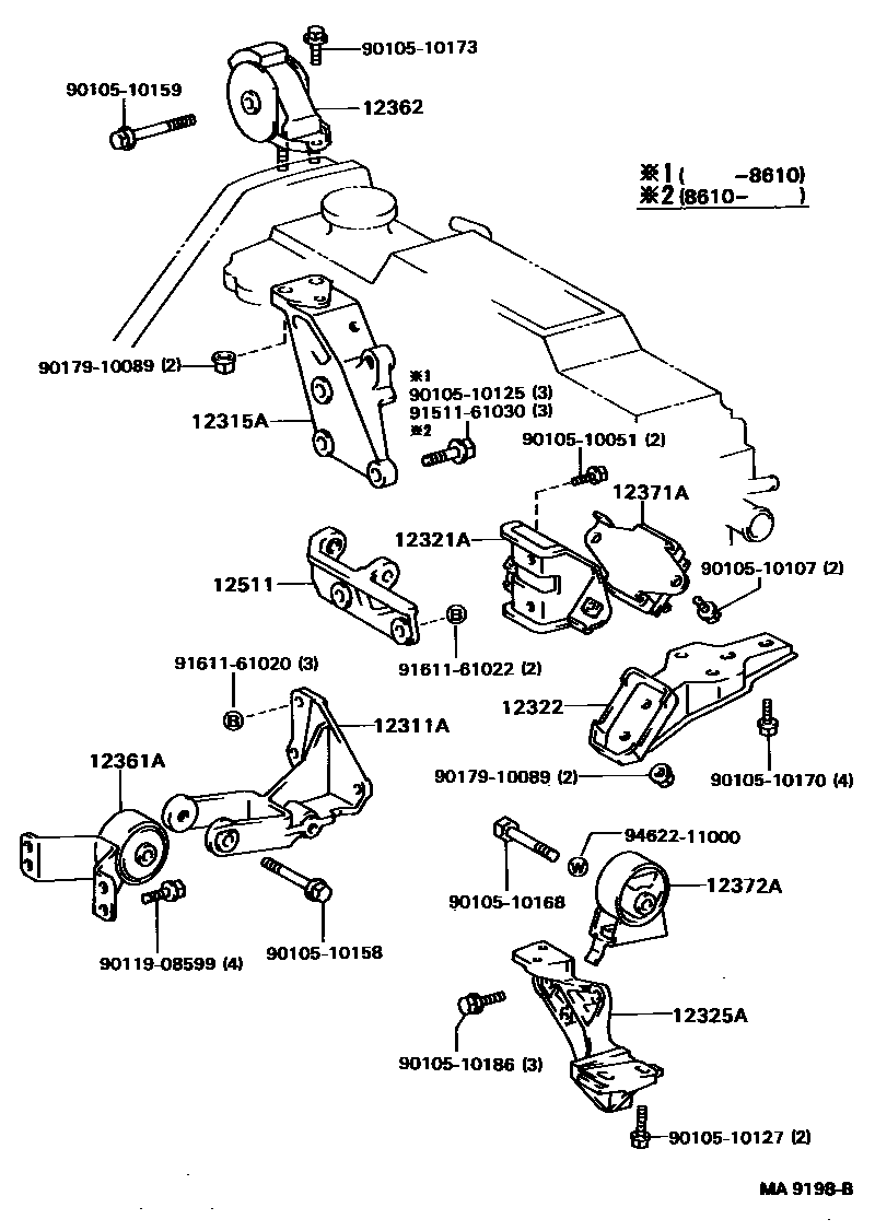 Toyota COROLLA Engine Mounting EPC diagram — MA9198B