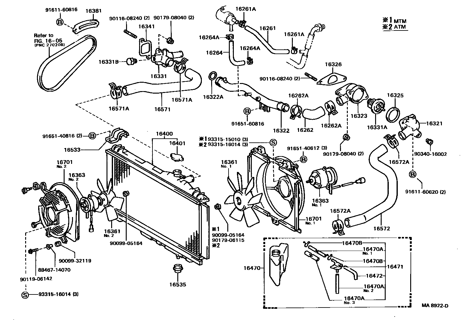 Toyota COROLLA RADIATOR & WATER OUTLET EPC diagram — MA8922D