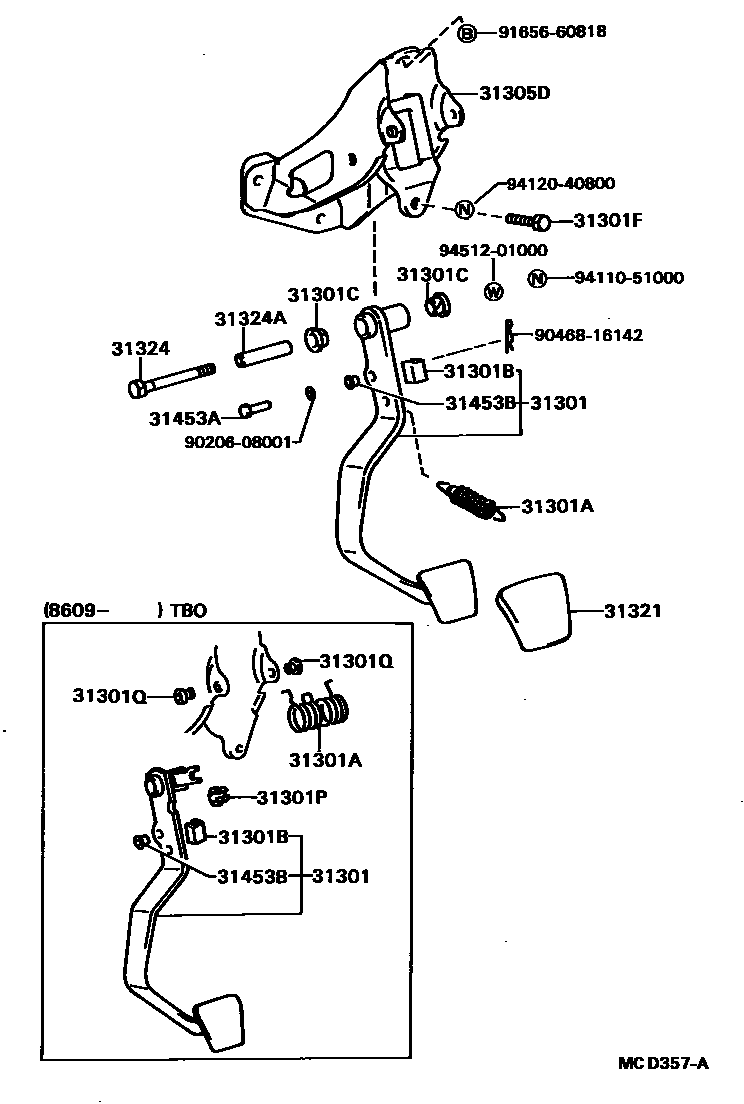 Toyota COROLLA 离合器踏板和挠性软管 EPC diagram — MCD357A