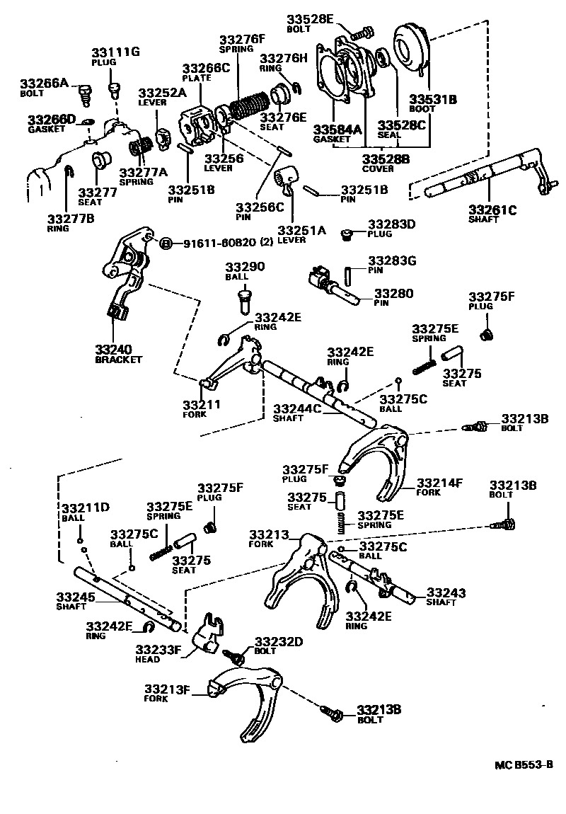 Toyota COROLLA 换档拨叉和换档杆轴(MTM) EPC diagram — MCB553B