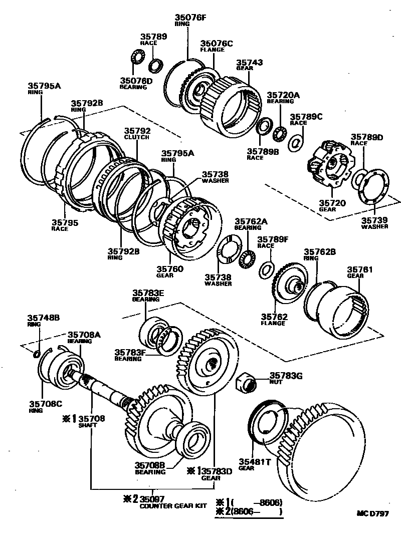Toyota COROLLA 行星齿轮、倒档活塞和中间轴齿轮(ATM) EPC diagram — MCD797