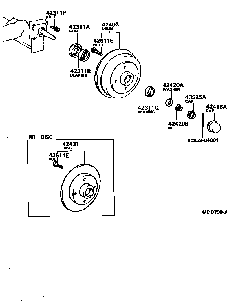 Toyota COROLLA 后桥半轴和后桥轮毂 EPC diagram — MCD798A