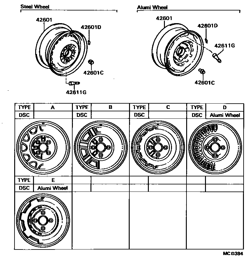 Toyota COROLLA 车轮和车轮盖 EPC diagram — MCD384
