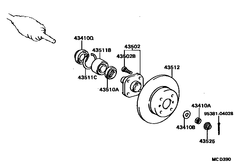 Toyota COROLLA Front Axle Hub EPC diagram — MCD390
