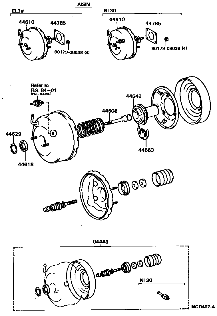 Toyota COROLLA 制动助力器和真空管 EPC diagram — MCD407A