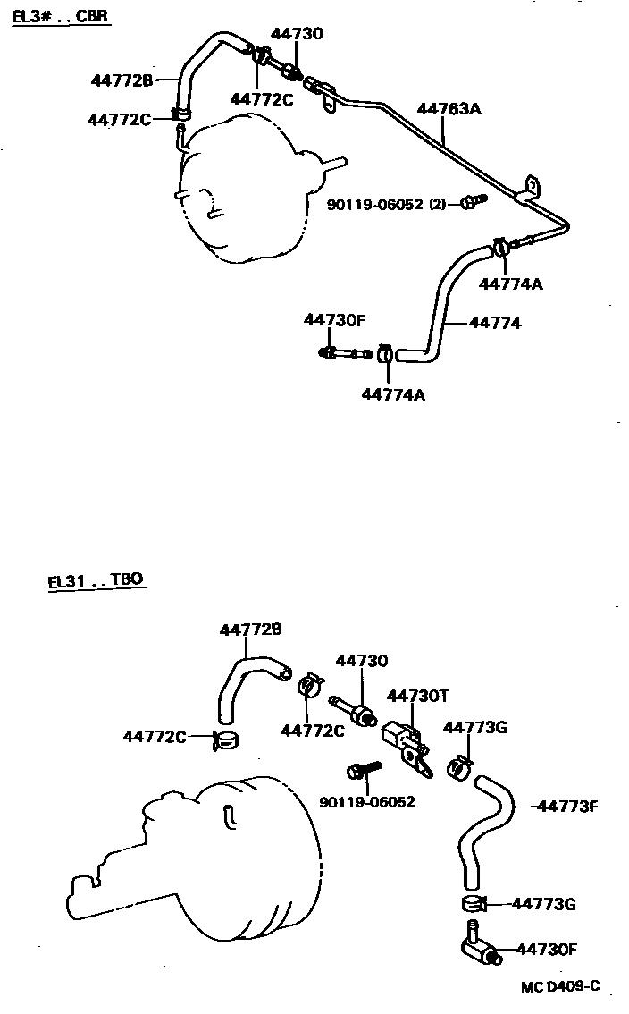 Toyota COROLLA 制动助力器和真空管 EPC diagram — MCD409C