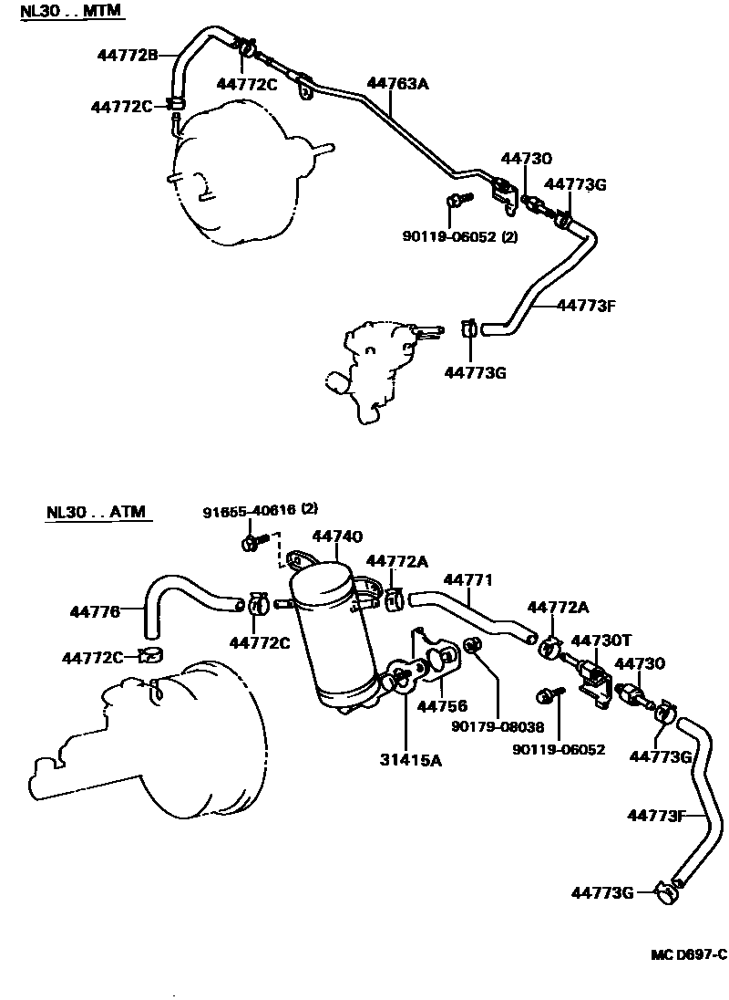 Toyota COROLLA 制动助力器和真空管 EPC diagram — MCD697C