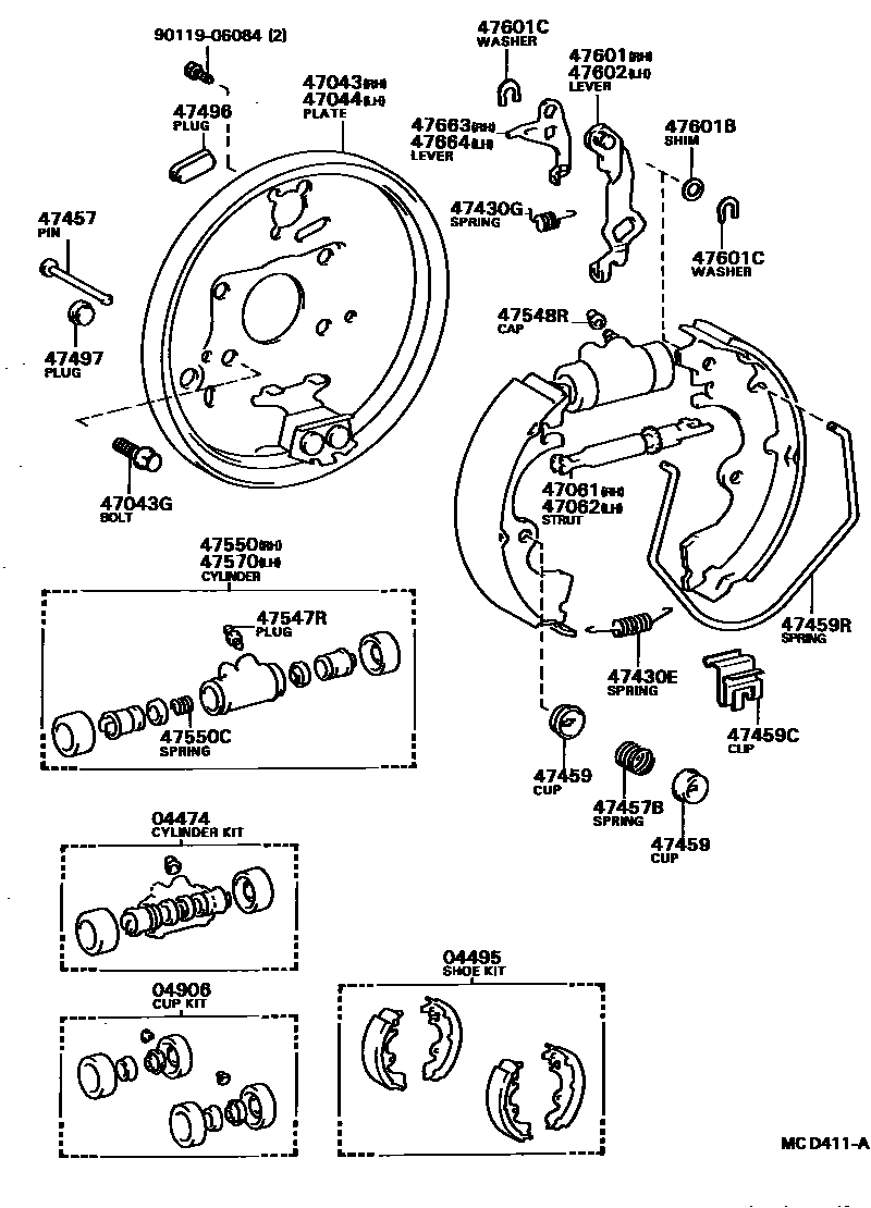 Toyota COROLLA 后鼓式制动器分泵和底板 EPC diagram — MCD411A
