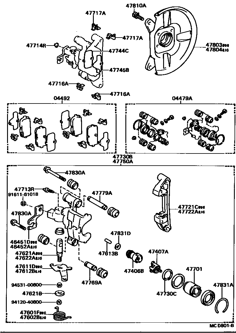 Toyota COROLLA 后盘式制动器卡钳和防尘罩 EPC diagram — MCD801B