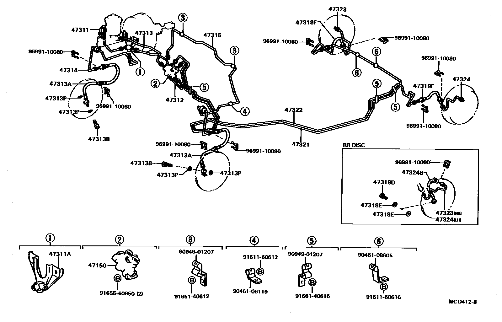 Toyota COROLLA 制动配管和卡箍 EPC diagram — MCD412B