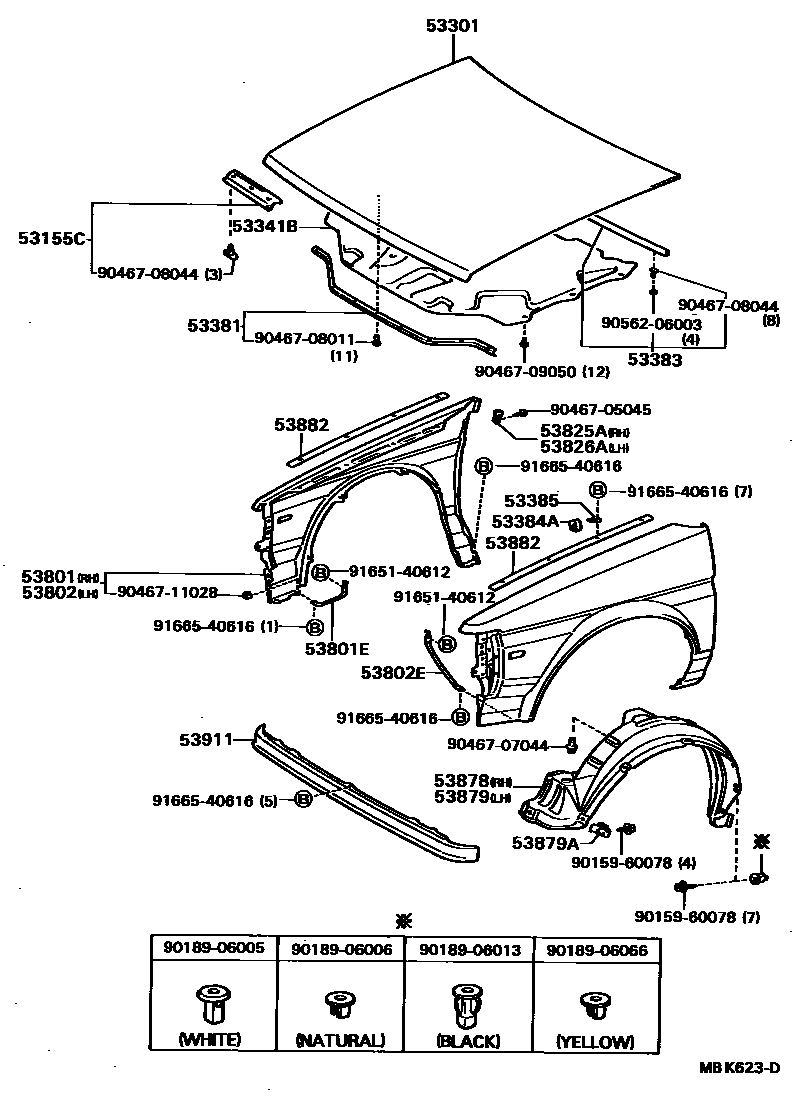 Toyota COROLLA 发动机盖和前翼子板 EPC diagram — MBK623D