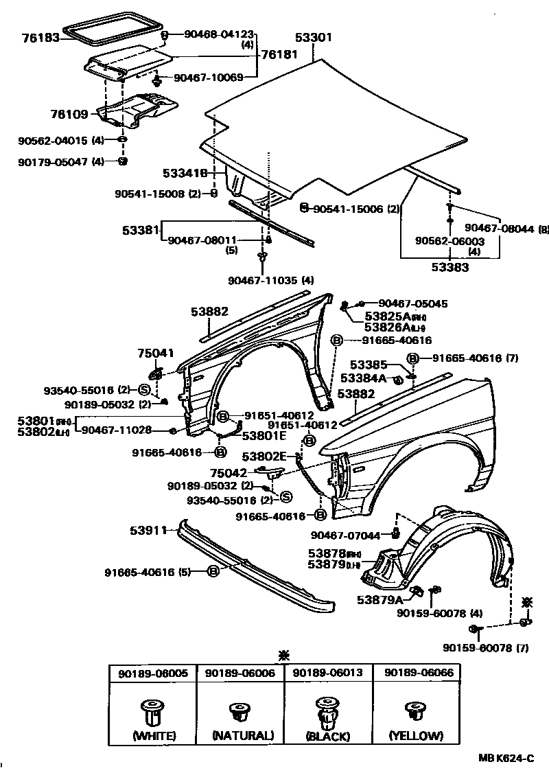 Toyota COROLLA 发动机盖和前翼子板 EPC diagram — MBK624C