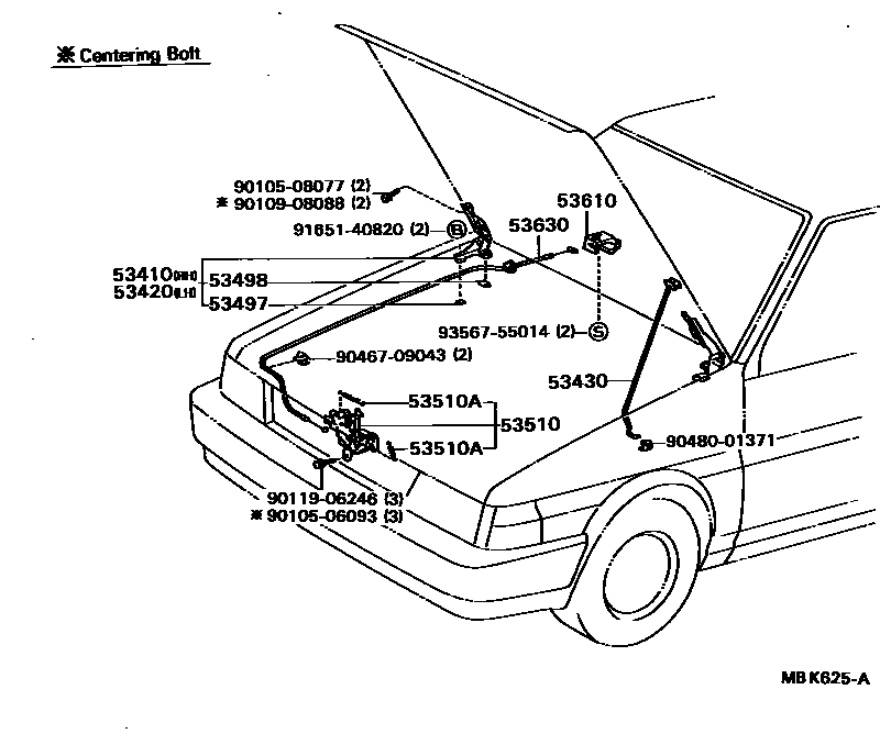 Toyota COROLLA 发动机盖锁和铰链 EPC diagram — MBK625A
