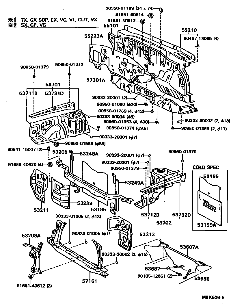 Toyota COROLLA 前翼子板挡泥板和前围板 EPC diagram — MBK626E