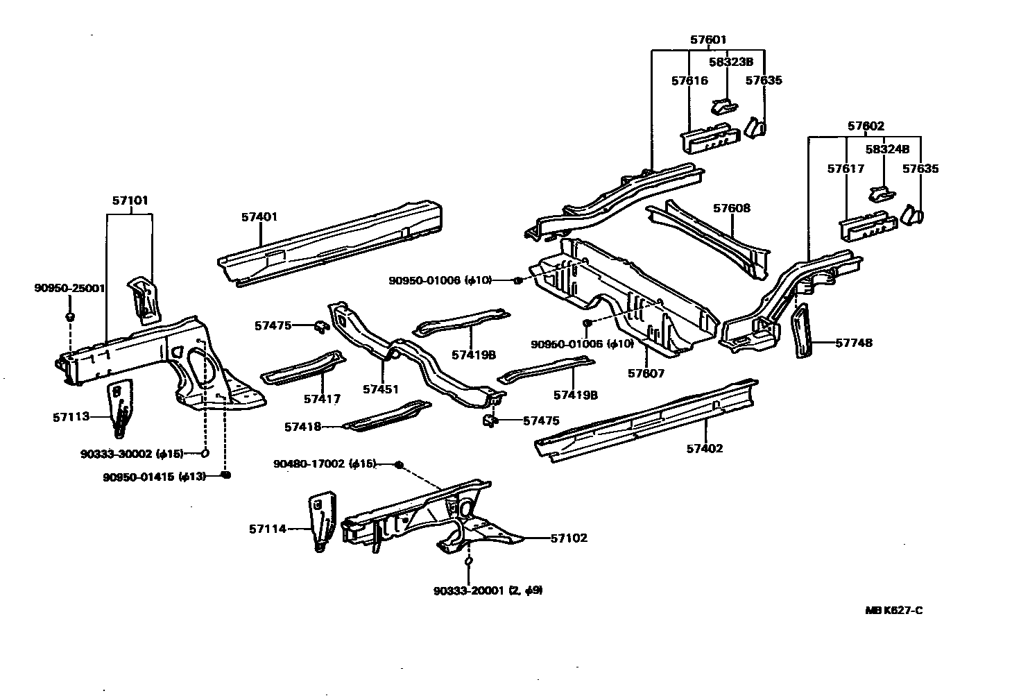 Toyota COROLLA Floor stringers EPC diagram — MBK627C