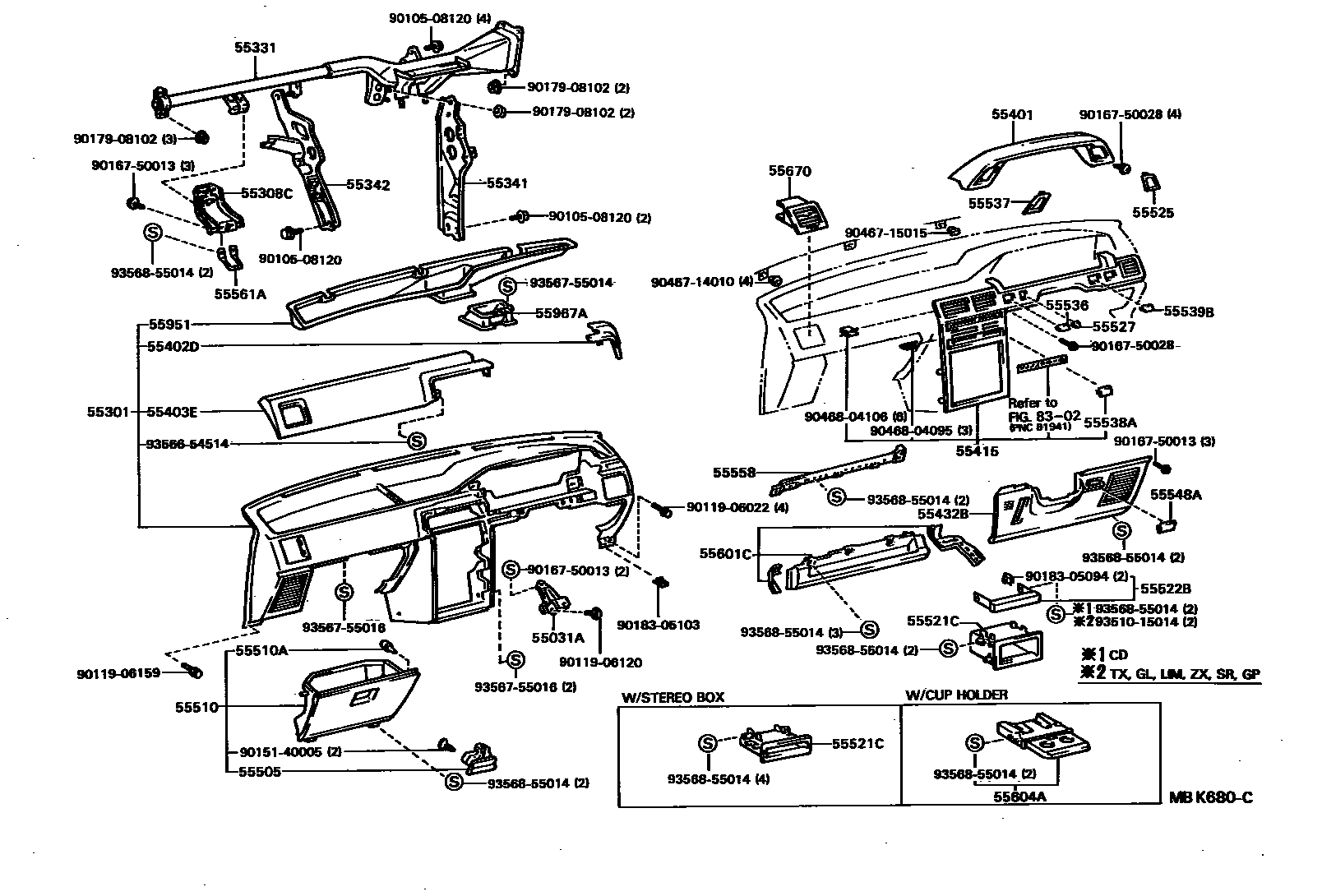 Toyota COROLLA 仪表板和手套箱 EPC diagram — MBK680C