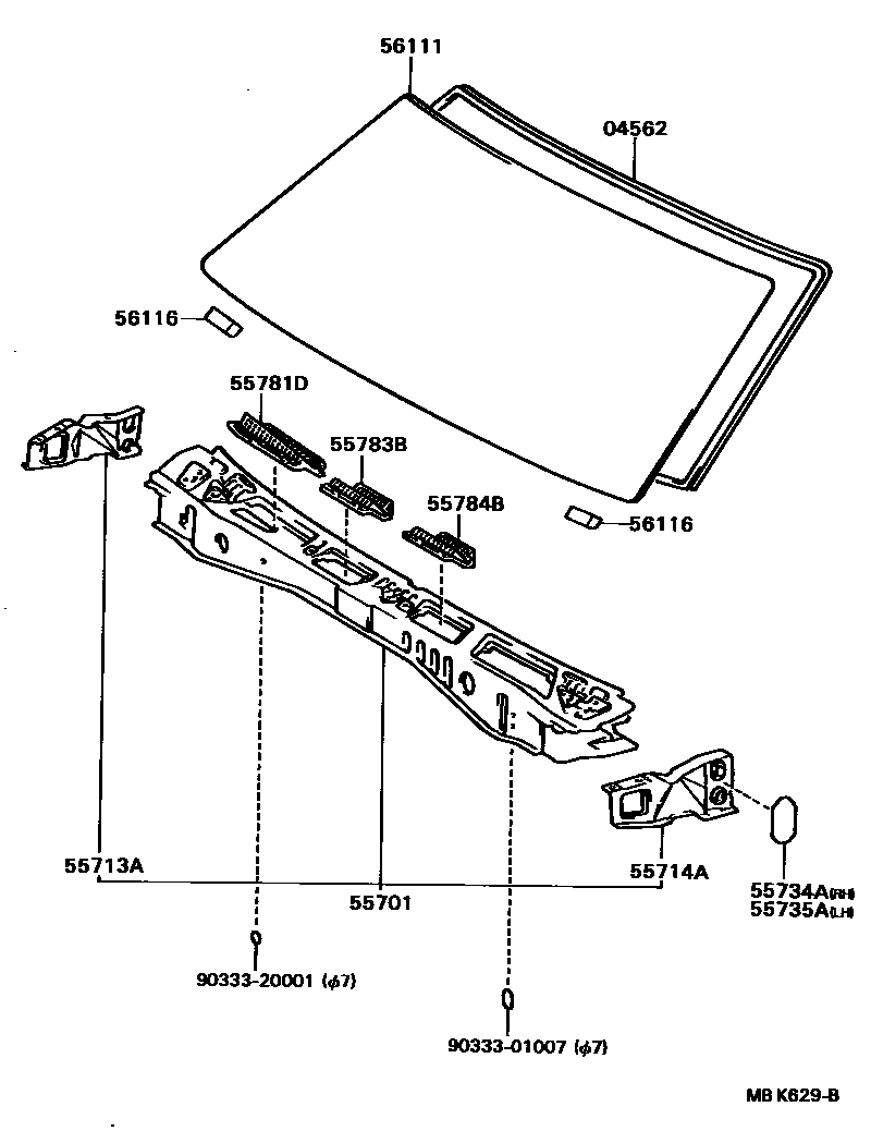 Toyota COROLLA 前围板和挡风玻璃 EPC diagram — MBK629B