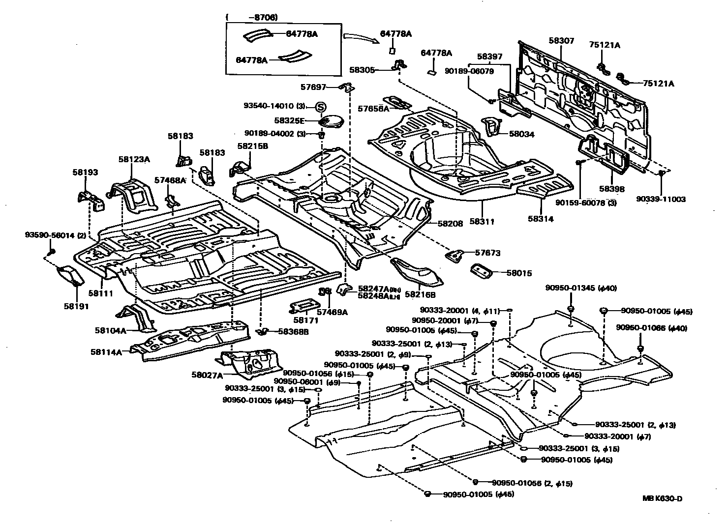 Toyota COROLLA 浅盘形地板和车身下背板 EPC diagram — MBK630D