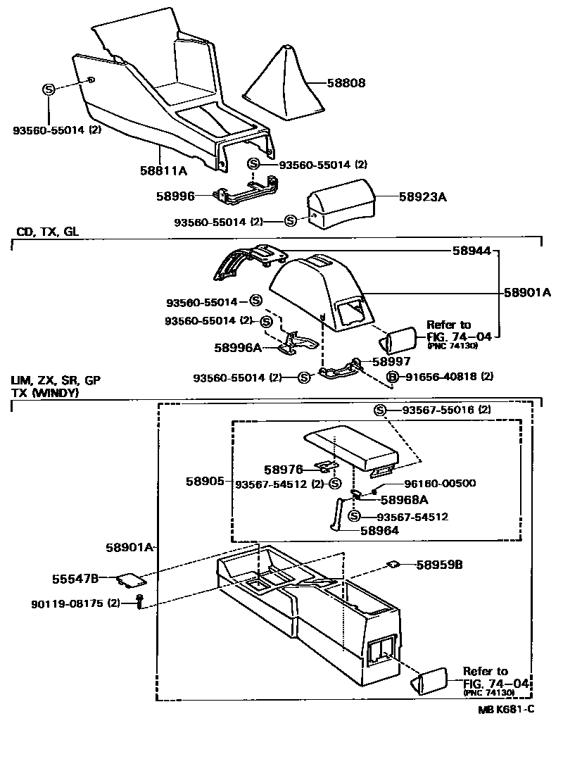 Toyota COROLLA 中央扶手箱和支架 EPC diagram — MBK681C
