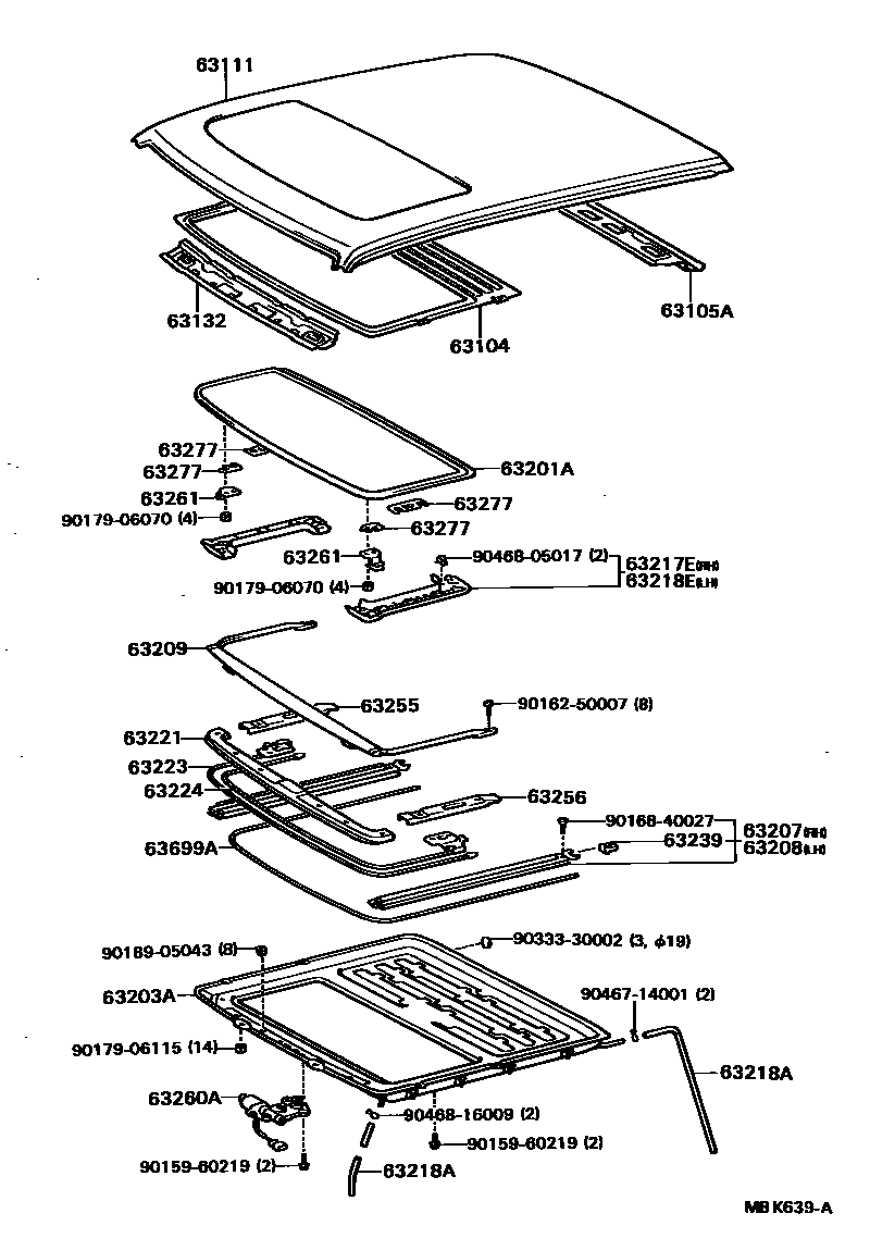 Toyota COROLLA 天窗板和背窗玻璃 EPC diagram — MBK639A