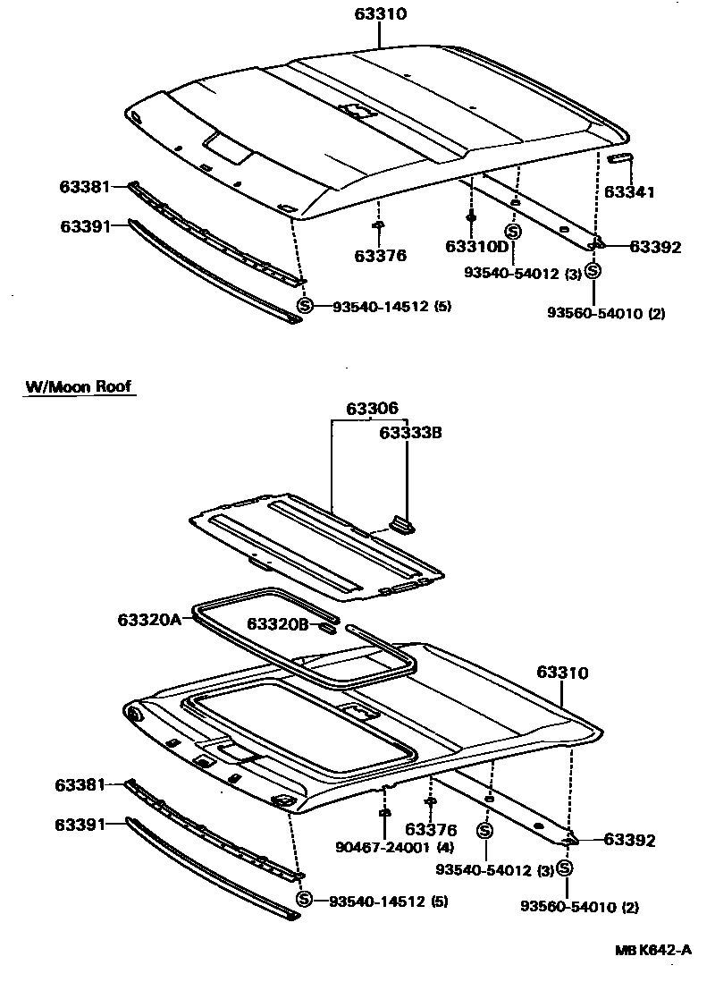 Toyota COROLLA 车顶内衬和消声垫 EPC diagram — MBK642A