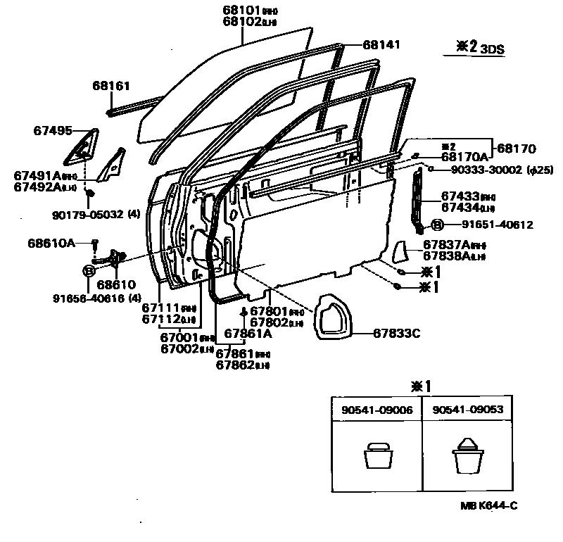 Toyota COROLLA 前门板和前门玻璃 EPC diagram — MBK644C