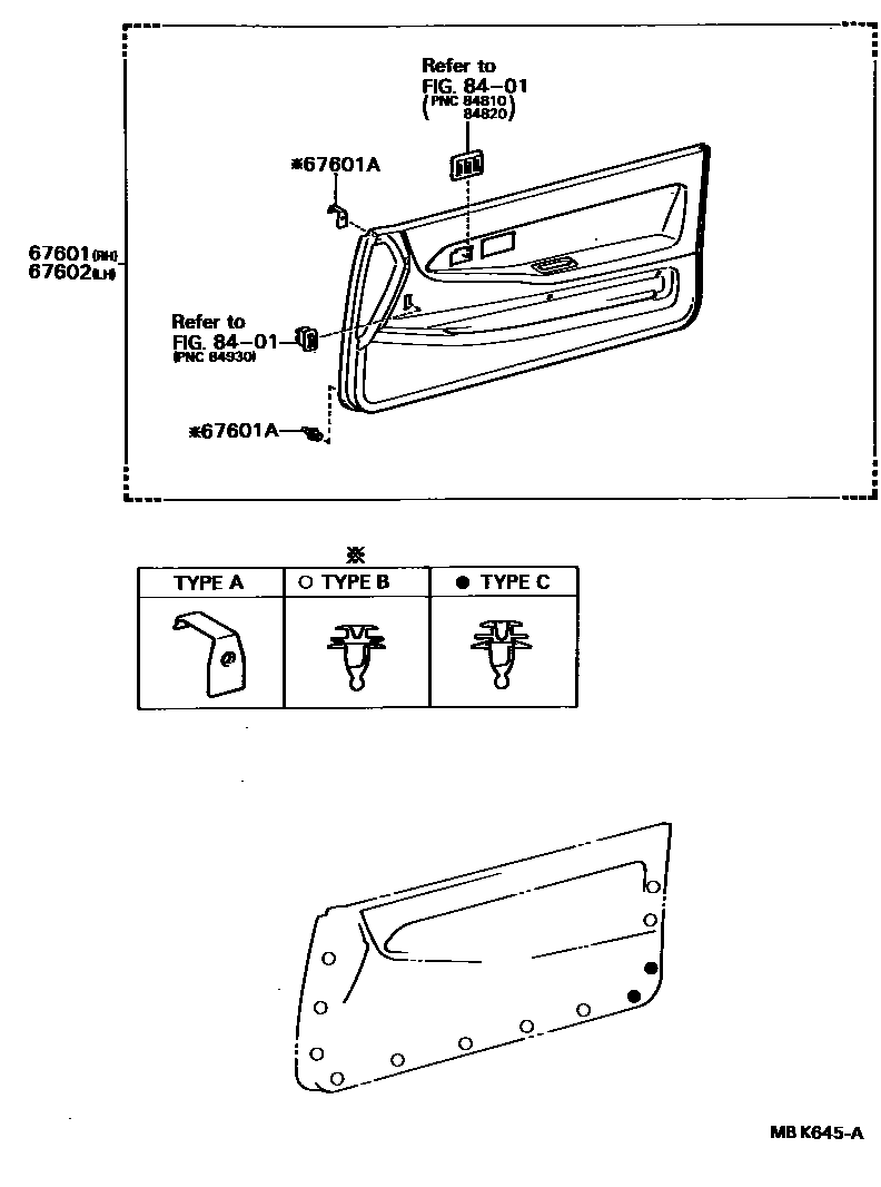 Toyota COROLLA 前门板和前门玻璃 EPC diagram — MBK645A