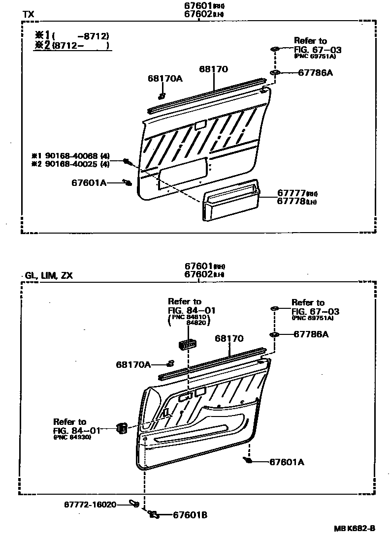 Toyota COROLLA 前门板和前门玻璃 EPC diagram — MBK682B
