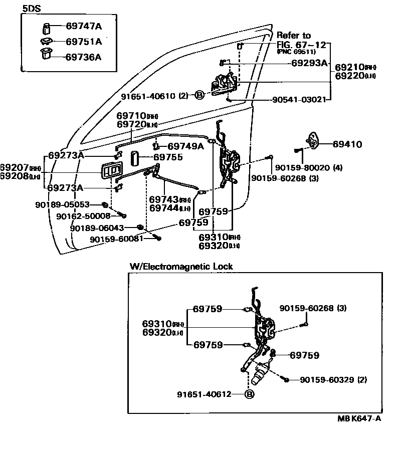 Toyota COROLLA 前门锁和车门把手 EPC diagram — MBK647A
