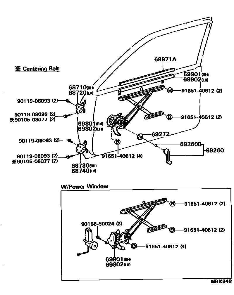 Toyota COROLLA 前门车窗升降器和合页 EPC diagram — MBK648