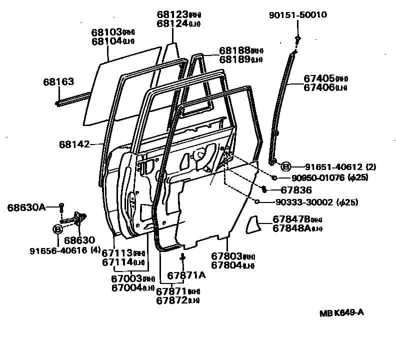 Toyota COROLLA 后门板和后门玻璃 EPC diagram — MBK649A