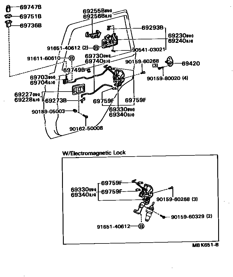 Toyota COROLLA 后门锁和后门把手 EPC diagram — MBK651B