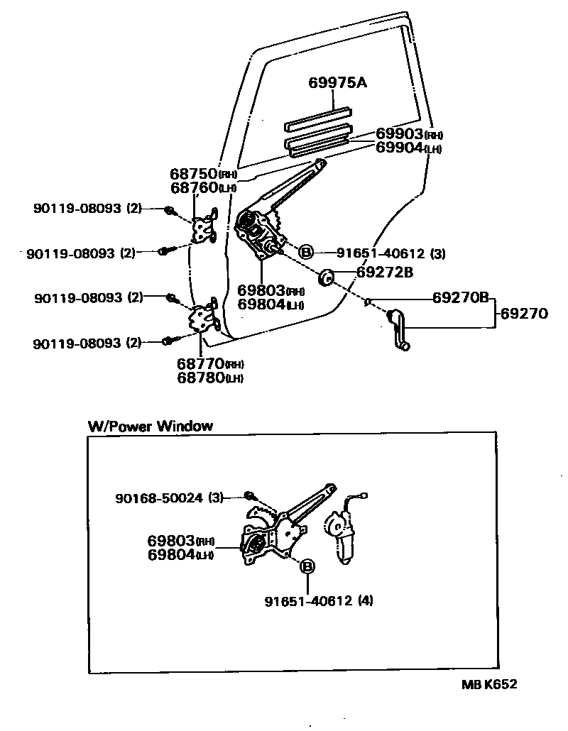 Toyota COROLLA 后门车窗升降器和合页 EPC diagram — MBK652